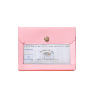 Pink document case with snap closure and clear front pocket showing printed diagrams