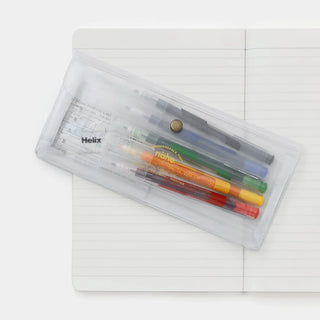 Clear general purpose case pouch with snap button, holding multicolor markers