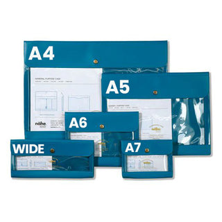 Set of blue general purpose cases in sizes A4, A5, A6, A7, and wide with snap buttons