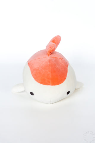 Small plush hugging pillow goldfish with white body and orange-pink head fin