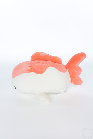 Small plush goldfish hug pillow with white body and orange-pink side fins