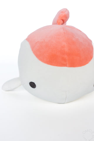 Small plush goldfish hug pillow angled view; white body with orange-pink fin and eye