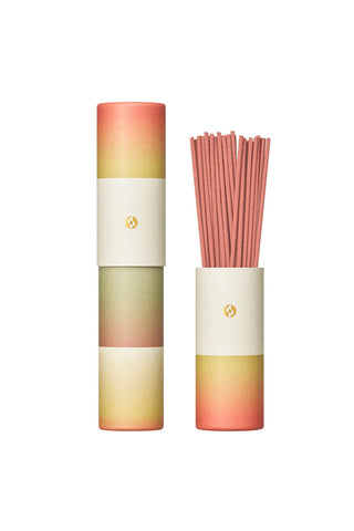 Gradient incense stick holder tube with red, yellow, and green stripes; bundle of sticks