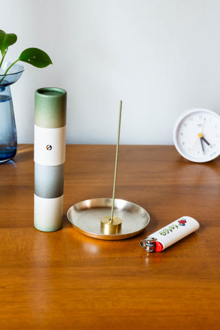 Scentscape matcha green incense tube with golden incense stick in round holder
