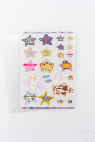 Clear sticker sheet with colorful character icons and 01/02 stars on transparent backing