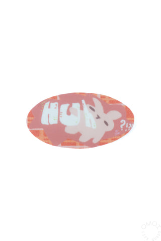 nonalouie vinyl sticker, oval pink with white “Huh?!” text