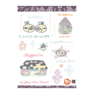 Sticker sheet featuring purple-and-cream character icons, flowers, swirls, and text-style art