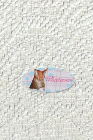 Vinyl sticker on textured white surface: orange cat with 'Whatever!' pink script
