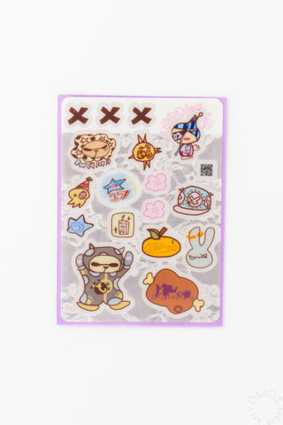 Transparent sticker sheet with cartoon characters, stars, hearts, and X marks