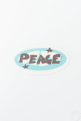 Oval Peace! sticker with turquoise background, purple PEACE text, and star accents
