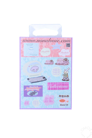 Pastel nonalouie sticker sheet with mixed characters, icons, and text blocks