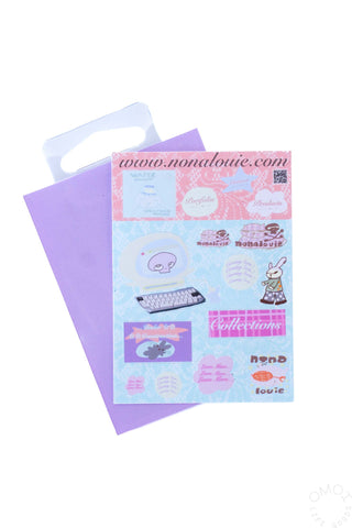 nonalouie sticker sheet with pastel illustrations, shown with a purple backing card