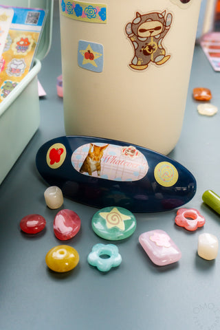 Set of pet attitude stickers with cat image ovals and colorful enamel-style shapes