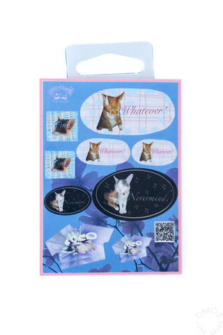 Pet-themed sticker sheet in blue packaging with cat photo ovals and oval word labels