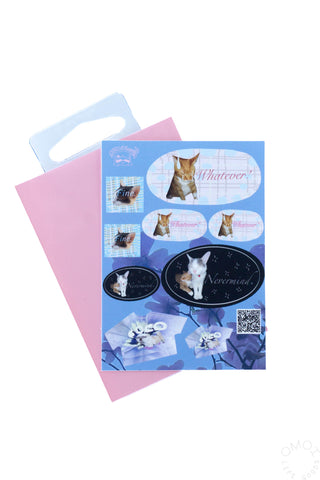 Pet-themed sticker sheet showing cat and rabbit ovals, small icons, and sparkle graphics