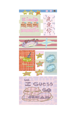 Colorful sticker sheet with playful text and graphic designs in various shapes