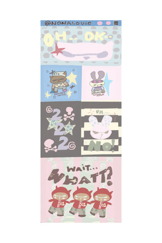 nonalouie sticker sheet with pastel phrases, bunny and character icons, and decorative shapes