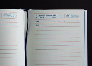 Open diary notebook pages with printed question box and lined writing area