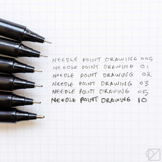 Needle-point drawing pen tips in a row, showing fine metal tips and black bodies