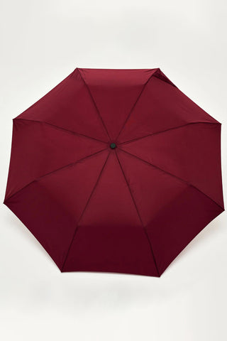 Cherry compact umbrella with maroon canopy and duck-shaped wooden handle