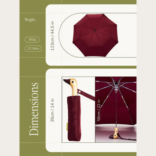 Compact duck umbrella infographic view with maroon case and duck wooden handle