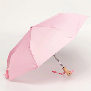 Powder pink compact duck umbrella open with duck handle and pink carrying strap