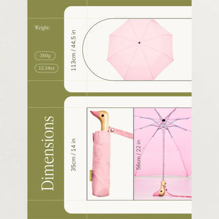 Compact duck umbrella in powder pink with folded view and open canopy in sizing graphic