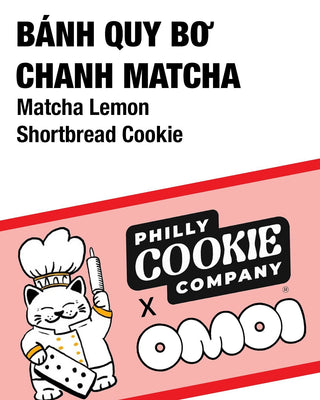Matcha lemon shortbread cookie multipack package with Philly Cookie Co. x OMOI branding