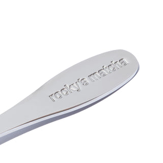 Stainless matcha measuring spoon with 'Rocky's matcha' engraved on handle