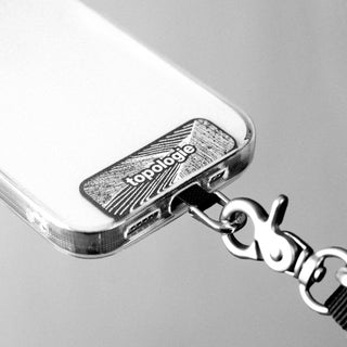 Topologie black D-ring phone strap adapter with metal ring and clasp on phone case