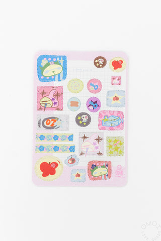 Pink square sticker sheet showing assorted cartoon icons and characters
