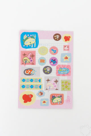 Pink square sticker sheet with mixed kawaii character and accessory stickers