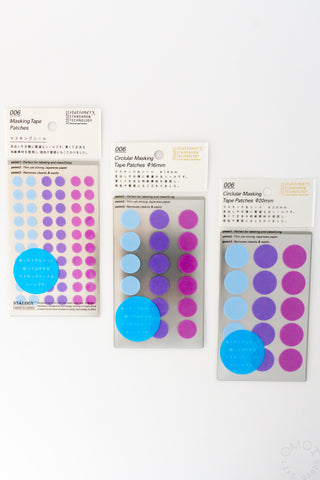 Circular masking tape dot sticker sets with purple and blue circles on cards