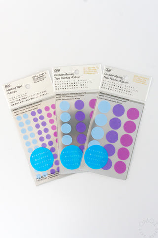 Three washi tape dot sticker sheets with pale blue, purple, and pink circular patches