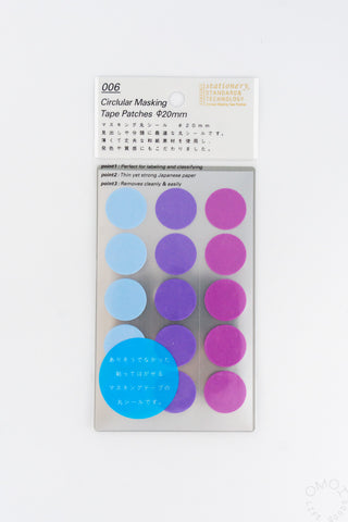 Circular masking tape patch stickers sheet with pale blue, purple, and pink dots