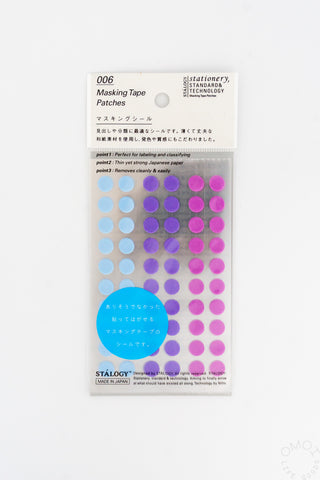 Washi tape dot sticker sheet with pale blue, purple, and pink circular patches