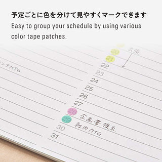 Planner page with small pastel circular sticker dots near handwritten lines