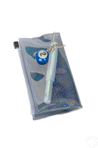 Holographic small zip pouch with chain pull and blue circular zipper charm