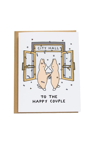 Wedding card with City Hall sign, cartoon couple holding hands, confetti and greeting text
