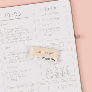 Tombow MONO natural eraser resting on a to-do planner page