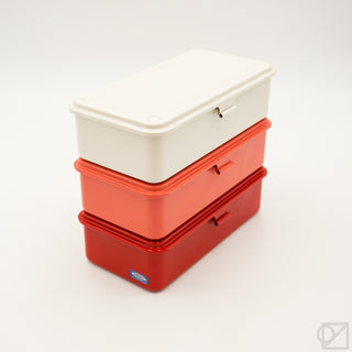 Stacked white and red/orange tool boxes with hinged lids