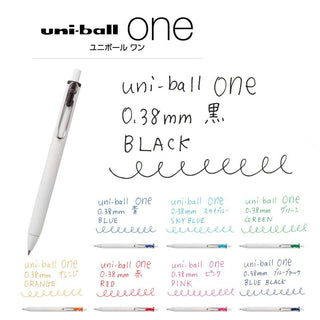 Uni-Ball One 0.38mm gel pen color chart card showing black and other ink colors