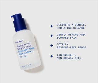 Ursa Major milky cleanser bottle with blue pump and benefit bullets