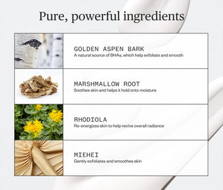 Cleanser ingredient panel: Golden Aspen Bark, Marshmallow Root, Rhodiola, Mihelei
