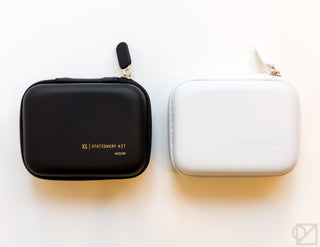 Small stationery kit case set: black and white zip pouch with keyring strap