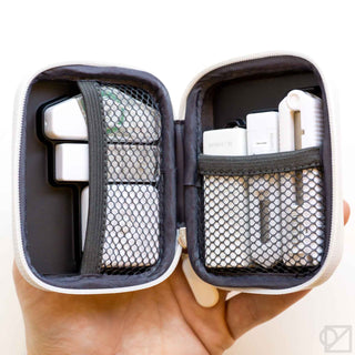 Open dark mini stationery kit case with mesh divider and stationery tools compartments