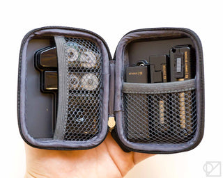 Open dark mini stationery kit case with mesh pocket and compact stationery tools