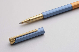 ystudio bihex rollerball pen, blue with gold tip and clip