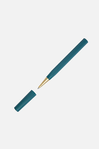 Teal rollerball pen with gold tip and matching cap