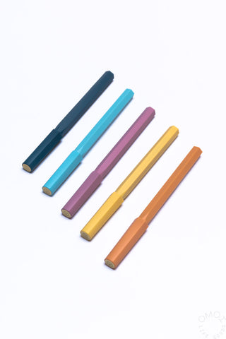 Set of colorful rollerball pens: dark blue, light blue, purple, yellow, and orange